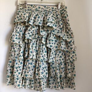 Zadig & Voltaire Tiered Ruffle Mini Skirt Floral Cream Blue Size 38 NWT